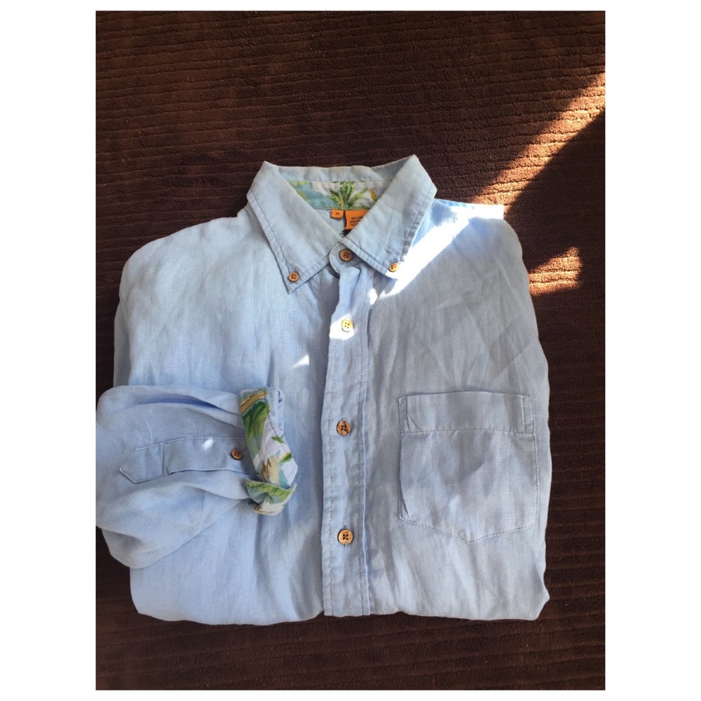 100% Linen Blue Hawaiian Accented Button Up